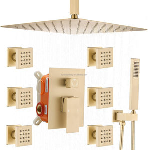 Gold Rainfall <strong>Shower</strong> <strong>System</strong> with 4 Body Jets Mixer Head Handheld Sprayer Rain <strong>Shower</strong> Thermostatic Faucets Sets Combo Accessory - Product Image 1