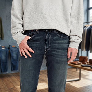 Jean en denim délavé foncé coupe droite pour homme, taille basse, décontracté, en coton, broderie unie, idéal pour l'hiver - Product Image 2