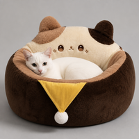 YAOYUE Calico Cat Deep Sleep Nest Plush Donut Cat Bed with Cat Face Headrest PP Cotton Filling Non-Removable Cover S/M