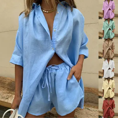 Conjunto de camisa de lino y algodón para mujer, ropa de dormir lisa, blusa informal de manga corta y pantalones cortos, dos piezas