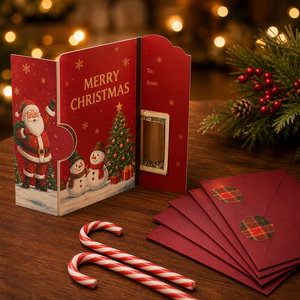 Ensemble de cartes de Noël à trois volets avec pince à billets ZS-PC0329 au design original, motif Père Noël, bonhomme de neige, sapin, autocollant enveloppe rouge, vernis brillant - Product Image 2