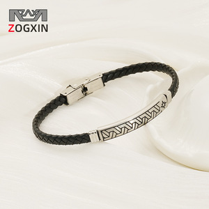 Zogxin <b>Leather</b> <b>Bracelet</b> Stainless Steel Geometric Pattern Unisex Gift Jewelry - Product Image 1