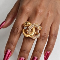 Cincin Panther Berlapis Emas 18K, Cincin Panther Model Lilit dengan Mata Zamrud, Perhiasan Tahan Air, Cincin Leopard Kristal Hip Hop