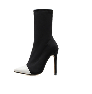 Soldes d'hiver 2025 : Nouvelles bottines pour femmes, style pointu, en tissu élastique, contraste noir et blanc, à lacets et fermeture éclair, tailles 35-42 - Product Image 6