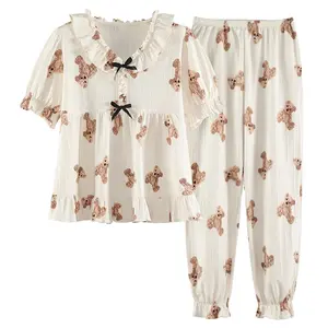 夏と春の甘い可愛い人形の首のパジャマレディースプリント半袖ズボンセットコットンレディースパジャマ工場卸売