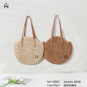 Borsa rotonda in carta intrecciata da 42 cm, borsa a mano circolare in paglia per donna, borsa da spiaggia estiva - Product Image 1