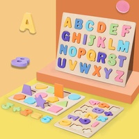 Mainan papan belajar pendidikan usia, mainan kayu Puzzle huruf bentuk angka, blok belajar pendidikan, mainan prasekolah Montessori