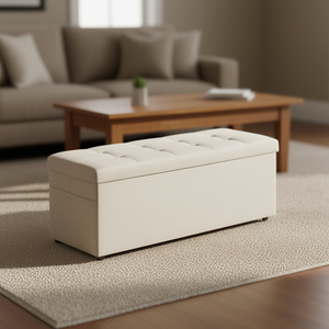 Beige <b>Foldable</b> Storage Ottoman <b>Bench</b> Linen Upholstered 660 Lbs Capacity For Living Room Bedroom Home Furniture - Product Image 2