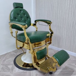 Fauteuil de barbier en cuir touffeté vert foncé, robuste, pour salon de coiffure, avec cadre métallique inclinable et réglable, repose-pieds - Product Image 1