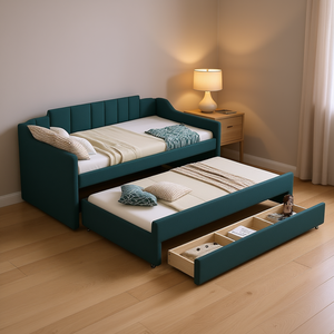 Lit de repos rembourré taille double avec lit gigogne et trois tiroirs, cadre en tissu moderne, mobilier de chambre à coucher - Product Image 2