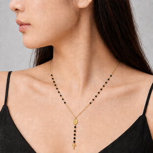 Collar con Cuentas Negras en Forma de Y, Acero Inoxidable, Chapado en Oro de 18K al Vacío, Colgante de Cruz, Medallón Ovalado, Cadena Ajustable de 47cm - Product Image 4