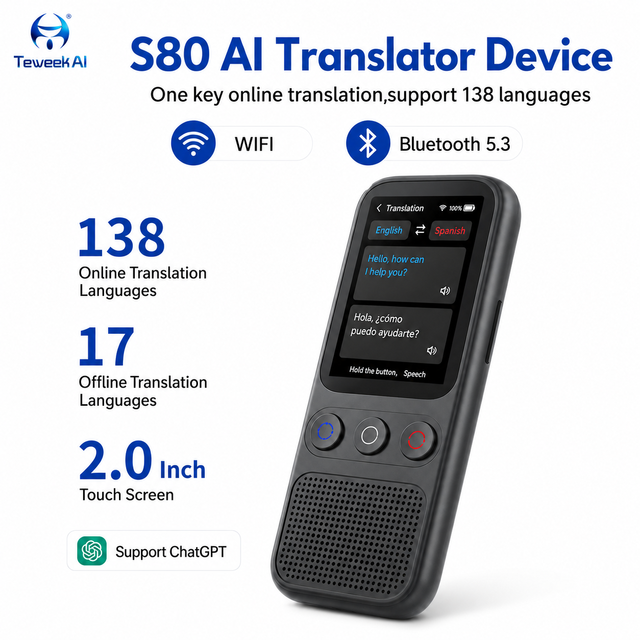 S80 Mini Portable Translator Device 138 Languages Android OS 2.0-inch TFT Display Online/Offline Voice Text ChatGPT Business