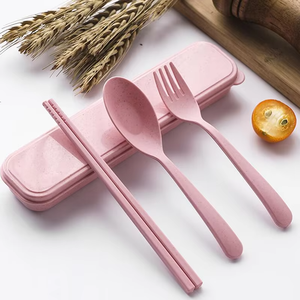Juego de cubiertos portátil, ecológico, reutilizable, 3 piezas, cuchara, tenedor y palillos de paja de trigo con estuche para la escuela, oficina, viajes, picnic - Product Image 2