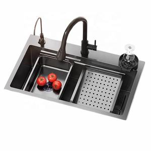 Évier de cuisine en acier inoxydable noir mat 8045 avec robinet cascade et <span class=keywords><strong>lave</strong></span>-<span class=keywords><strong>vaisselle</strong></span> intégré pour la cuisine au-dessus du comptoir - Product Image 1