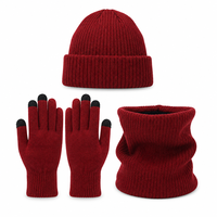 Ensemble tricoté hiver rouge bordeaux : bonnet, cache-cou, gants conducteurs noirs à doigts, doublure peluche double couche pour temps froid