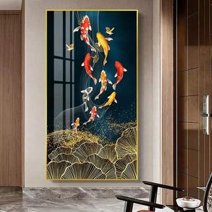 Настенная картина с изображением китайского Пейзажа кои, алмазная, Хрустальная, фарфоровая живопись, рисунок счастливых девять рыбок (24x48 дюймов), рамка из алюминиевого сплава - Product Image 2