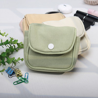 Dompet Koin Kancing Tekan Kanvas Portabel Kecil untuk Wanita, Tempat Kartu Warna Solid, Organizer Koin Mini