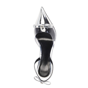 รองเท้าส้นสูงแบบสวมเปิดส้นประดับโบว์คู่สีเงินสำหรับผู้หญิง ดีไซน์หัวแหลม สายรัดข้อเท้า วัสดุ PVC แต่งลายต่อกัน สไตล์เซ็กซี่ เหมาะสำหรับใส่ในฤดูร้อน - Product Image 4