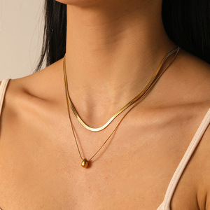 Collar de cadena de serpiente redondo plano de doble capa Collar con colgante en forma de gota de agua pulida para buenos amigos - Product Image 2