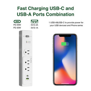 Высококачественная силовая лента 3-переменного тока с 1 USB + 1 розеткой типа C, защита от перенапряжения 110 В, настольный - Product Image 6