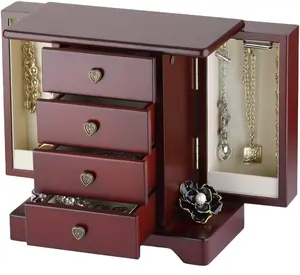 Kotak penyimpanan perhiasan kayu padat, dengan tipe menara 4 laci kotak penyimpanan kapasitas besar dan sisi 2 pintu untuk hadiah wanita
