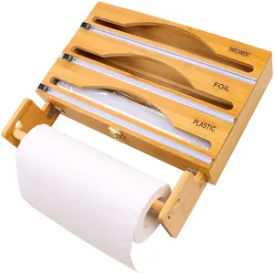 Wall-Mount 4 in 1 kitchen bamboo foil wrap dispenser with Cutter and Labels and Paper Towel Roll Organizer Holder of Drawer