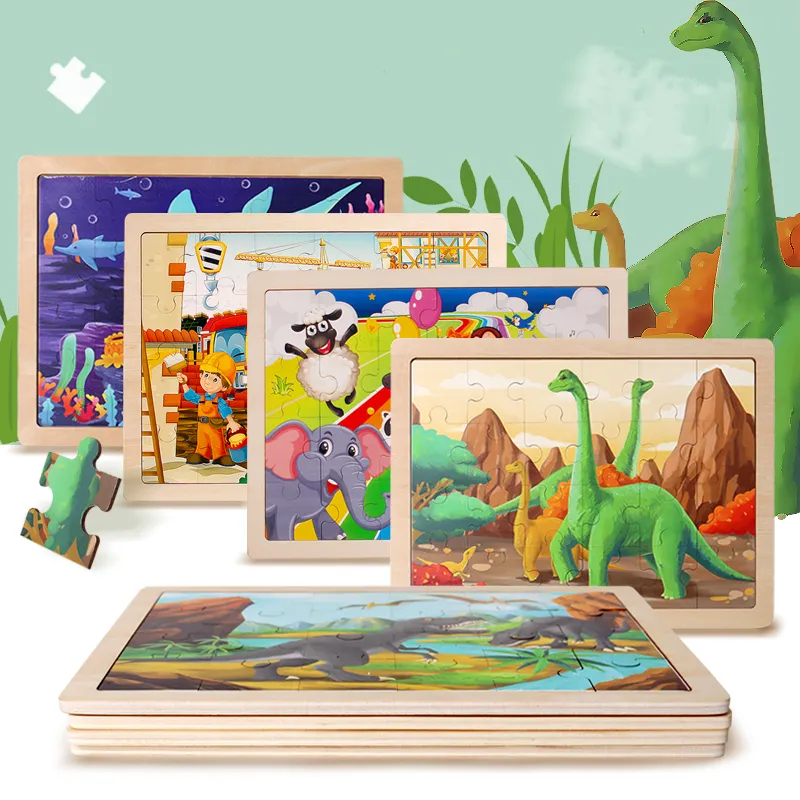 24 adet eğitim karikatür ahşap Montessori hayvan dinozor kontrplak yap-boz kurulu oyuncak çocuk bebek çocuk Boys & kızlar için