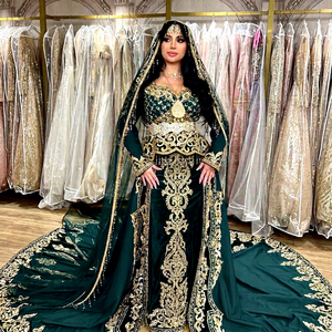 Beautiful <b>Emerald</b> Gold Embroidered Karakou with Trail Traditional Women's wedding <b>Dress</b>@2026 - Product Image 1