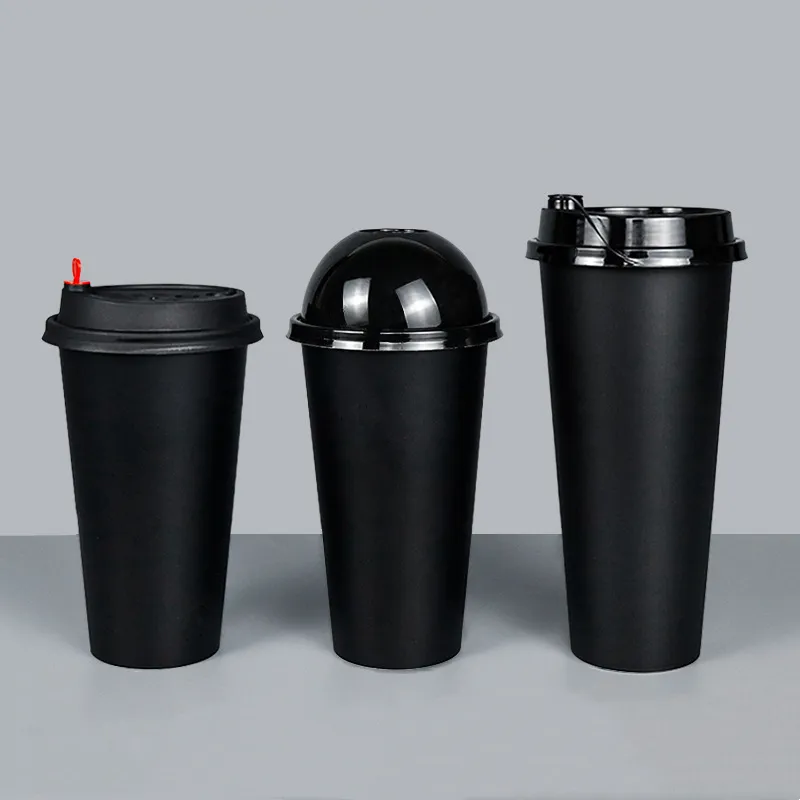 New Model Custom Plastic Cup Bubble Tea Disposable Black PP Hard Plastic Cup with lids