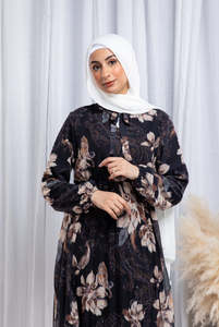 Vestido Largo Modesto con Estampado Floral Negro Personalizado de Leduo, Abaya con Puños Fruncidos para Musulmanas - Product Image 3