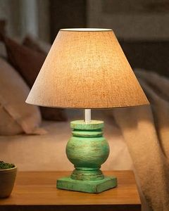 Vintage <b>Green</b> Resin <b>Table</b> Lamp Fabric Shade <b>Bedside</b> Desk Light Home Decor - Product Image 4