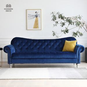 Sofá de terciopelo azul, canapé, sofá Chesterfield moderno de 3 plazas, <span class=keywords><strong>tapizado</strong></span> con tachuelas y adornos para sala de estar - Product Image 1