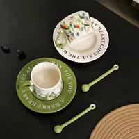 Ensemble tasse à café, soucoupe et cuillère en céramique peinte à la main avec motif floral de tulipes, boîte cadeau, compatible micro-ondes et lave-vaisselle, motif floral vintage pour mariage
