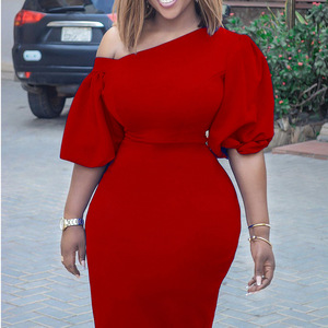 Robe élégante grande taille Tongle pour femme, nouvelle collection été 2024, couleur unie, épaule asymétrique, manches bouffantes, style <span class=keywords><strong>OL</strong></span>, D218 - Product Image 1