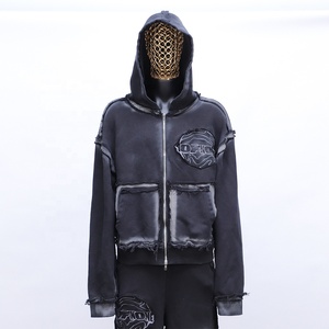 Chất Lượng Cao Tùy Chỉnh Người Đàn Ông Màu Đen Cổ Điển Đau Khổ Pháp Terry Zip up Rửa Axit Quần Bó Sát Và Áo Bộ - Product Image 4