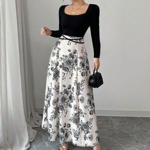Abiti da Donna con Blocchi di Colore Bianco e <span class=keywords><strong>Nero</strong></span>, <span class=keywords><strong>Maniche</strong></span> <span class=keywords><strong>Lunghe</strong></span>, Scollo Quadrato e Gonna Ampia, Moda - Product Image 5