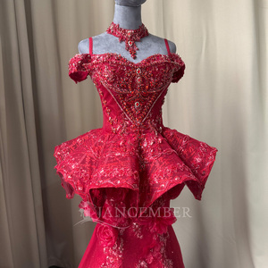 Robe de soirée de luxe rouge Mc034 avec corset en dentelle perlée, appliques florales, péplum et surjupe, col choker, pour bal de promo et fêtes Jancember - Product Image 5