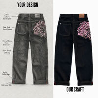 Jean en denim noir de haute qualité pour homme, coupe large, de créateur, brodé, avec bordure brute en denim mousse texturé rose, style streetwear