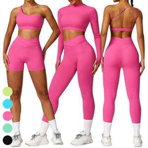 OEM Nuevo Activewear Mujeres Gym Set Un hombro Sujetador deportivo Manga larga Cross V Belt Shorts Leggings 4PCs Yoga Sets Gym Apparel - Product Image 5