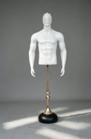 Maniquí de Lujo para Hombre, Parte Superior del Cuerpo, con Brazos Chapados en Oro, Cabeza de Plástico Negro Brillante (PE), Posición Colgante o de Pie para Exhibición de Pelucas