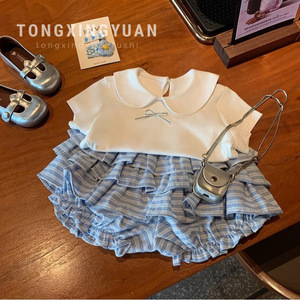 Tongxingyuan Girls Summer Two Piece Set Cotton Striped Shorts White T Shirt Kids Outfit - Product Image 5