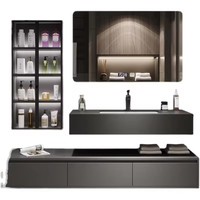 Meuble-lavabo mural noir mat double couche, style minimaliste, grande capacité, personnalisé pour projets hôteliers (vente en gros)