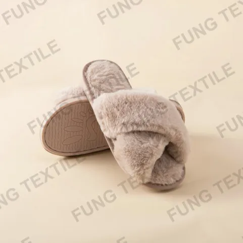 Fung Stock Listo para enviar Mujer Correa cruzada TPR Suela Fluffy Fuzzy Indoor Felpa Zapatillas de piel sintética