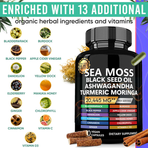 Complément alimentaire 18 en 1 à base d'algues marines biologiques, d'huile de graines noires, d'ashwagandha, de curcuma et de moringa, 90 capsules végétales, soutien immunitaire - Product Image 2