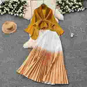 Ensembles décontractés d'automne pour femmes : Tunique à nouer et jupe plissée dégradée taille haute – Vêtements américains en gros - Product Image 2