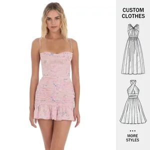 Custom Printed Ruched Vacation Casual Elegant Sexy Halter Floral Open Back Ruched Ruffle Dress in Pink Beach Women's Mini Dress