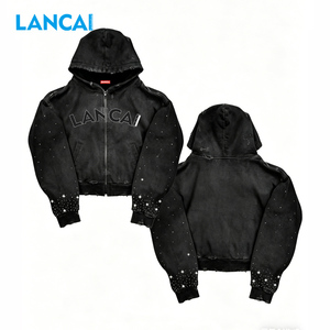 Sweat à capuche zippé pour hommes, personnalisé par les fabricants, style streetwear oversize, délavé à l'acide, effet vieilli, avec strass - Product Image 3