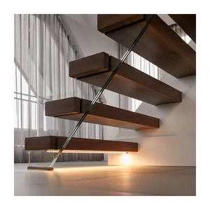 Ace Modern Wooden Staircase Floating Straight Stairs Timber Invisible Stringer Cable Railing Floating Staircase