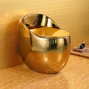 WC monobloc <span class=keywords><strong>de</strong></span> luxe doré en forme d'œuf, fabriqué à Chaozhou, en céramique plaquée or brillant pour salle <span class=keywords><strong>de</strong></span> bain - Product Image 1