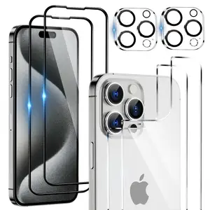 6合1适用于iPhone 15 14 13 Pro Max屏幕保护器2包后屏幕保护器相机镜头保护器和前钢化玻璃